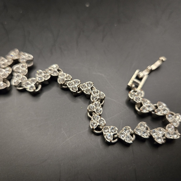 Rhinestone Heart Link Bracelet | Silver Tone Sparkle Tennis Bracelet - Picture 2 of 6